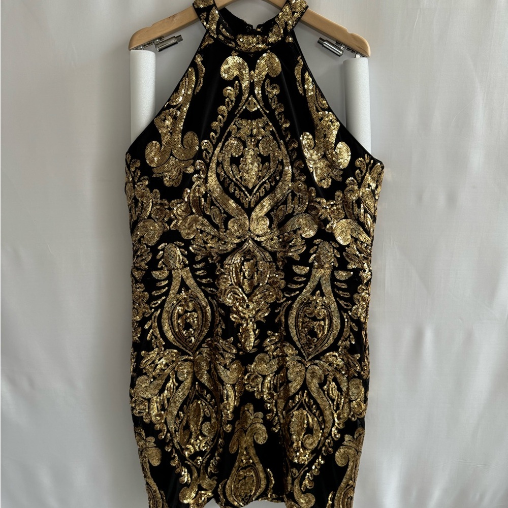 Elegant Black and Gold Halter Dress